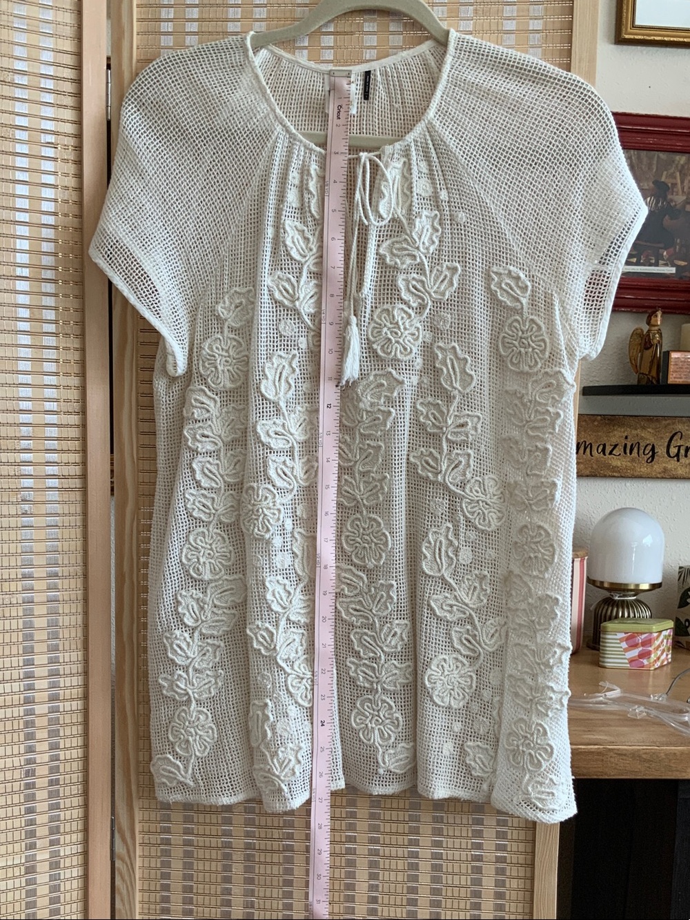 Anthropologie Cream Crocheted Floral Knit Top L - Picture 8 of 10